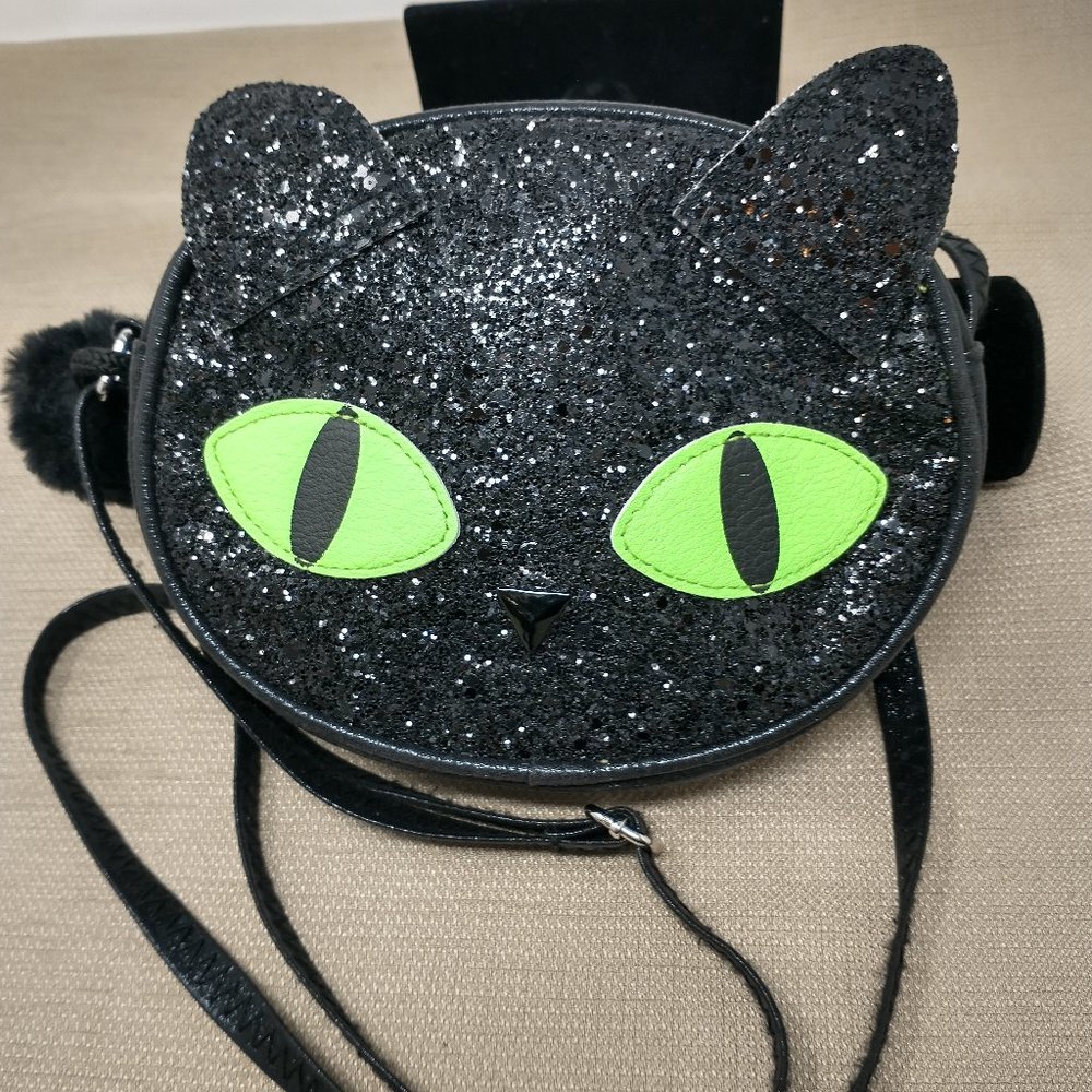 BLACK GLITTER KITTY FABRIC CROSSBODY BAG